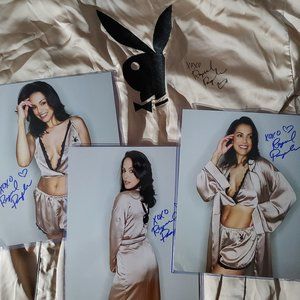 Raquel Pomplun signed worn Playboy Night Set w/ 3 signed 8X10 photos
